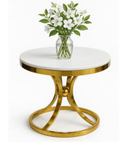 Round Gold Metal Side Table with White Marble Top – Luxury Accent Table
