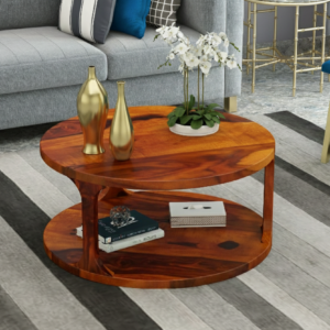 Sheesham Wood Round Coffee Table with Open Shelf – 35” Solid Wood Center Table for Living Room Best Coffee table to Give Premium Look for your Home