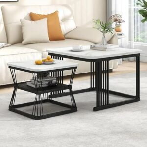Modern White Marble Top Coffee Table Set with Black Metal Base – Stylish Living Room Center & Side Table