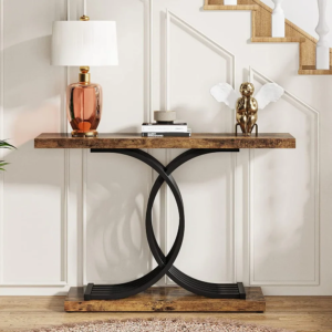 Modern Wooden Console Table with Sculptural Black Metal Base | Designer Entryway Table
