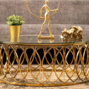 Luxury Gold Round Metal Coffee Table with Tempered Glass Top – Premium Living Room Center Table