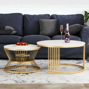 Luxury Round Coffee Table Set with White Top & Gold Metal Frame | 2-Piece Modern Nesting Tables