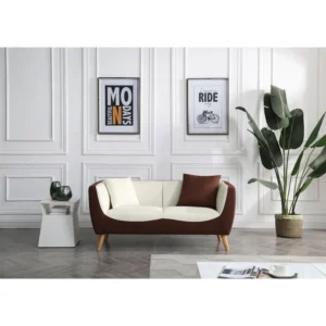 Modern Two-Seater Fabric Sofa in Brown & Beige with Wooden Legs