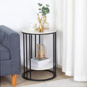 Modern Round Two-Tier Side Table with White Shelves & Black Metal Frame