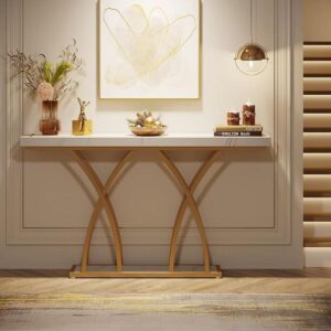 Aurora Modern White Marble Console Table with Interlocking Gold Arched Base