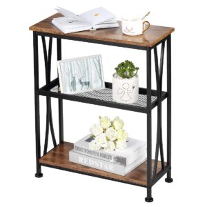 Industrial 3-Tier Side Table – Rustic Wood Accent Stand with Mesh Shelf and Black Steel Frame