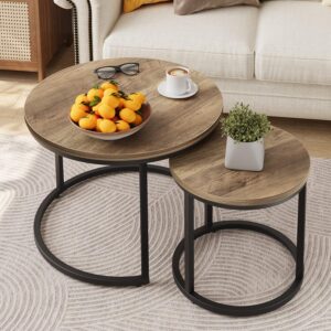 Modern Round Nesting Side Tables Set of 2 with Wooden Top & Black Metal Frame