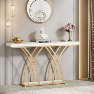 Luxury Gold Curved Metal Console Table with White Top | Modern Designer Entryway Table