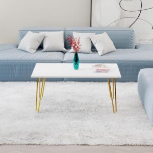 Modern Rectangular Coffee Table with White Top & Gold Metal Hairpin Legs