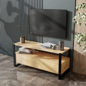 Modern Wooden TV Unit with Black Metal Frame | Minimalist Entertainment Console