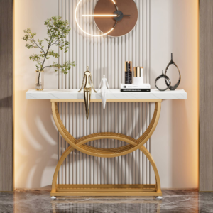 Luxury Gold Sculptural Metal Console Table with White Marble Finish Top | Designer Entryway Table