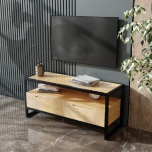 Urban Loft Industrial TV Stand – Natural Oak Finish with Matte Black Steel Frame