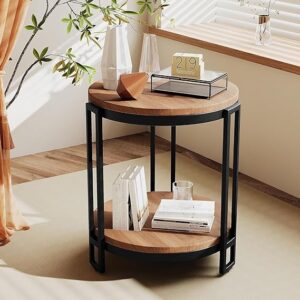 Luxury Round Two-Tier Side Table with Solid Sheesham Wood Top & Metal Frame – Modern Accent Table