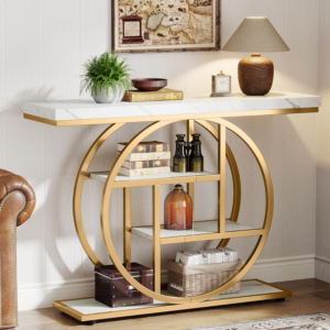 Luxury Gold Circular Metal Console Table with White Marble Finish Top & Storage Shelves