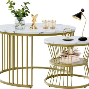 Luxury Marble-Finish Nesting Coffee Table Set with Gold Metal Frame | 2-Piece Modern Accent Tables