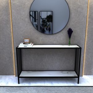 Modern Marble-Finish Console Table with Black Metal Frame | Slim Entryway & Hallway Table