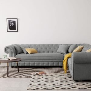 Modern Grey Fabric L-Shape Chesterfield Sofa