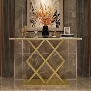 Luxury Gold X-Base Console Table with Marble-Finish Top