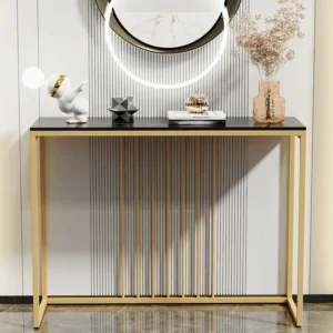 Luxury Rectangular Console Table with Stone Top & Gold Metal Frame | Modern Entryway Table