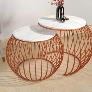 Modern Round Metal Nesting Coffee Table Set – White Marble Top & Copper Base | Living Room Center & Side Table Combo