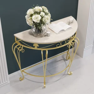 Elegant Gold Scrollwork Console Table - Vintage-Inspired Metal Entryway Table with White Marble-Style Top