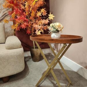 Luxury Round Wooden Tray Side Table with Gold Metal Foldable Base | Modern Accent Table