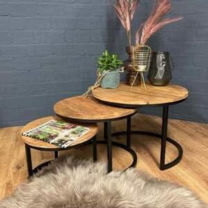 Round Nesting Coffee Table Set with Solid Wood Tops & Black Metal Frame | 3-Piece Accent Table Set