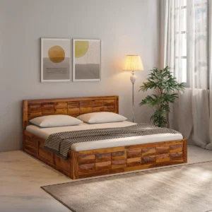 Premium Sheesham Wood King Size Bed with Carved Panel Design – 74″ × 81.25″ | Solid Wood Platform Bed