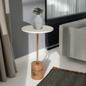 Luxury Marble Top Side Table with Brass Stand & Stone Base | Modern Accent Table