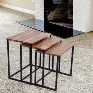 Solid Wood Nesting Side Table Set with Black Metal Frame | 3-Piece Modern Accent Tables