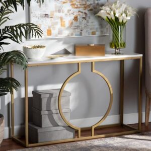 Lyra Modern Geometric Gold Console Table – Luxury White Marble Top with Circular Infinity Base