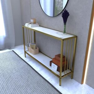 Luxury Marble-Finish Console Table with Gold Metal Frame & Storage Shelf | Modern Entryway Table