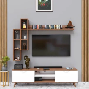 Wall-Mounted TV Unit with Storage Console & Display Shelves – Light Wood Finish
