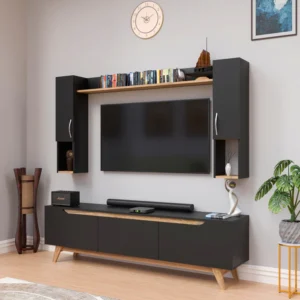 This modern entertainment unit is a perfect blend of minimalist industrial design and functional storage. Below is a professional e-commerce listing formatted for WooCommerce.  Product Title Nordic Slate & Oak Wall-Mounted Entertainment Center with Integrated Bookshelf and Media Console