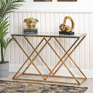 Horizon Geometric X-Frame Console Table – Gold Metal Hallway Table with Clear Tempered Glass Top