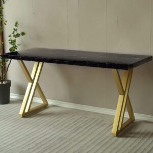 Luxury Black Marble Console Table with Gold X-Frame Metal Legs | Designer Entryway Table