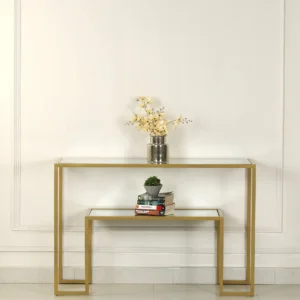 Luxury Gold Metal Console Table with Glass Top | Modern Entryway & Hallway Table