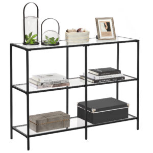 Modern Black Metal Console Table with Glass Shelves | Contemporary Storage & Display Unit