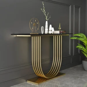 Luxurious Modern U-Base Console Table – Gold Arch Ribbed Frame with Black Onyx-Style Top