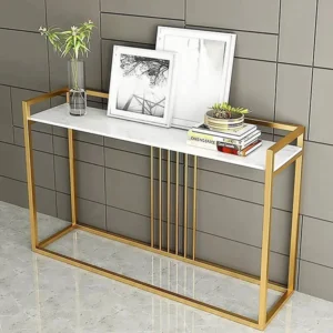 Modern Luxury Gold Metal Console Table with White Top | Sleek Golden Rod Design